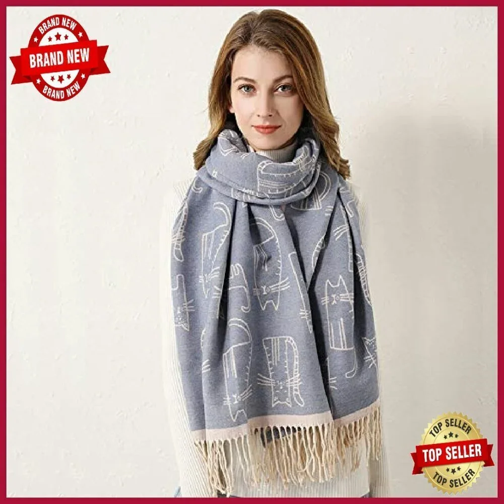 Cashmere Feel Fringed Scarf Winter Shawl Wrap Double-Sided Warm